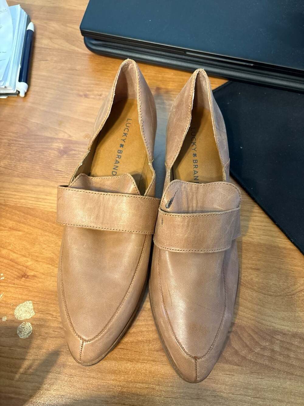 Lucky Brand Gidney Tan Leather Pointed Toe Block Heel Loafers Size 9M